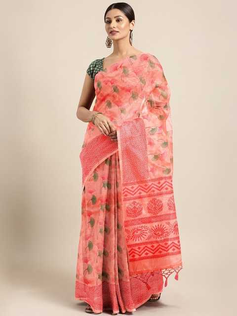 

KALINI Peach-Coloured & Green Floral Print Tussar Saree