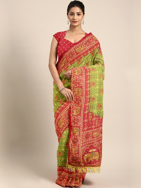 

KALINI Red & Green Bandhani Print Baluchari Saree