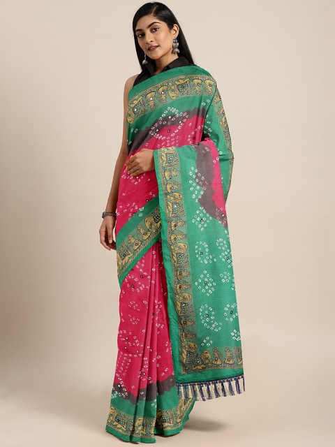 

KALINI Green & Pink Mirror Work Bandhani Saree