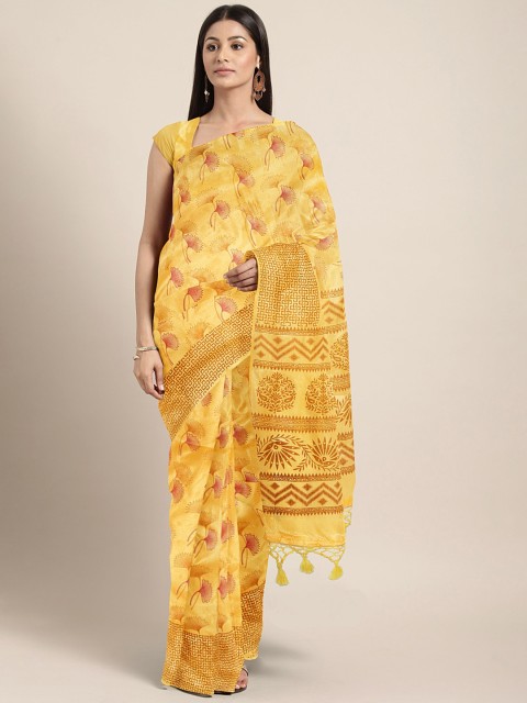 

KALINI Mustard & Red Floral Print Tussar Saree