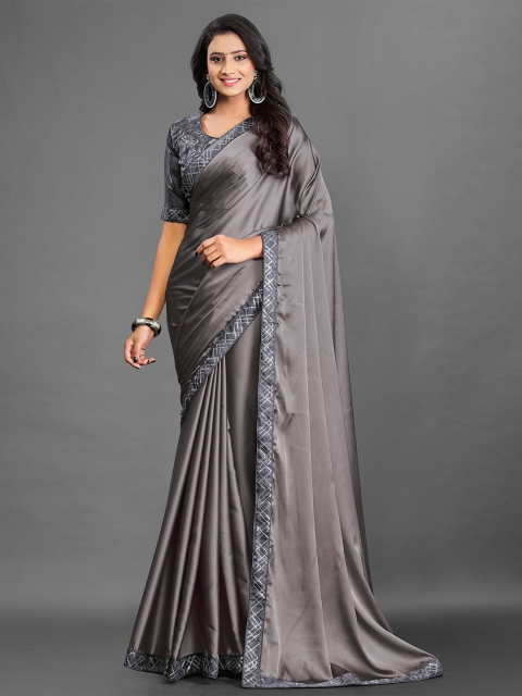 

Zombom Grey Satin Solid Saree