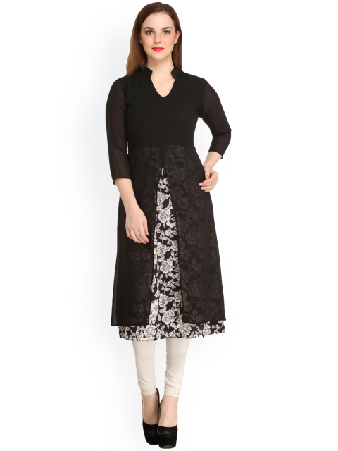 

Cottinfab Women Black Printed A-Line Layered Kurta