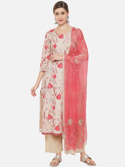 

Jansi Cream-Coloured & Pink Printed Unstitched Dress Material
