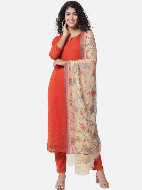 

Jansi Orange & Cream-Coloured Embroidered Unstitched Dress Material