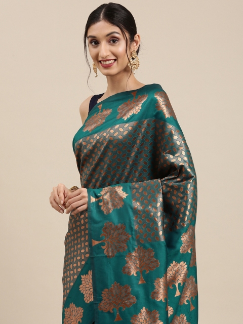 

PERFECTBLUE Teal & Gold-Toned Ethnic Motifs Art Silk Kanjeevaram Saree