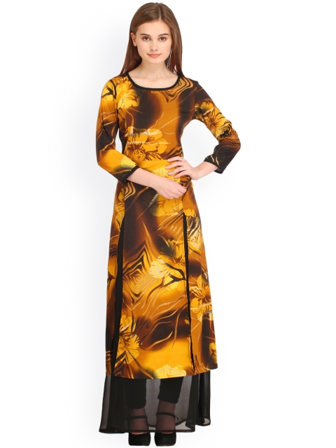 

Cottinfab Women Yellow & Black Printed Layered A-Line Kurta
