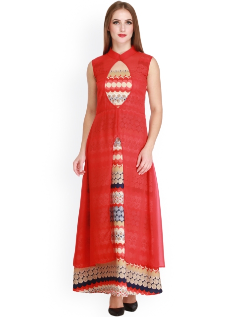 

Cottinfab Women Red Printed Layered A-Line Kurta