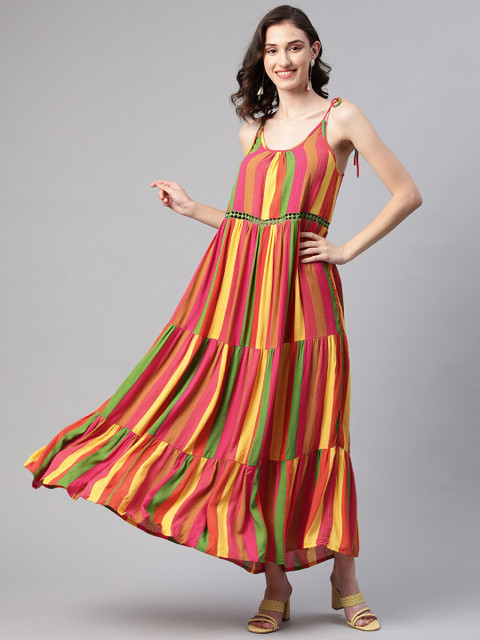 

I AM FOR YOU Women Pink & Yellow Striped Maxi Dress