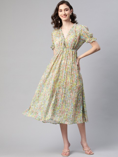 

I AM FOR YOU Women Blue & Green Floral Print Fit & Flare Midi Dress