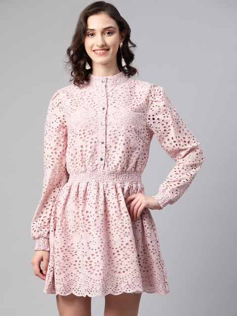 

I AM FOR YOU Women Pink Cotton Schiffli Embroidered Fit & Flare Dress