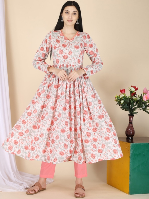 

ERISHA Women Pink Floral Printed Flared Sleeves Thread Work Floral Anarkali Kurta