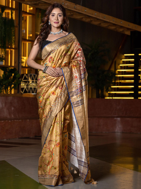 

BEATITUDE Yellow & Blue Kalamkari Pure Silk Saree
