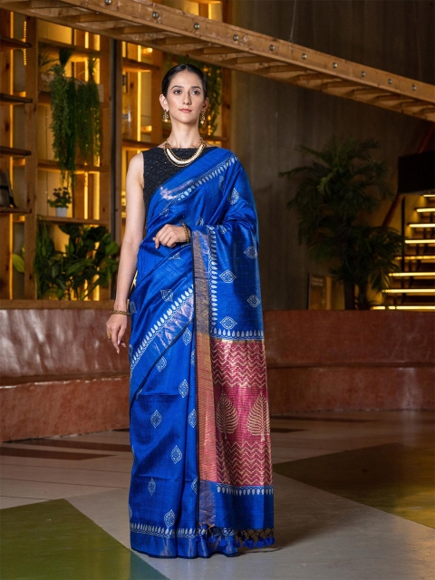 

BEATITUDE Blue & Pink Woven Design Pure Silk Handloom Saree