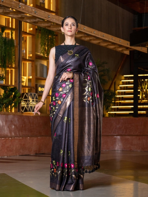 

BEATITUDE Black & Pink Floral Zari Pure Silk Tussar Saree