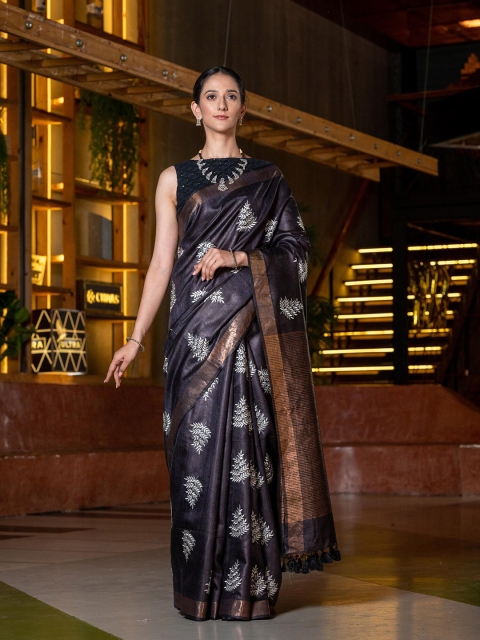

BEATITUDE Black & White Floral Embroidered Pure Silk Handloom Tussar Saree