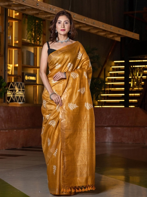 

BEATITUDE Mustard & Gold-Toned Floral Embroidered Handwoven Tussar Silk Saree