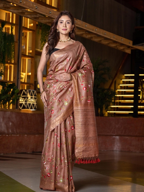 

BEATITUDE Brown & Red Floral Pure Silk Tussar Saree