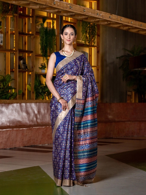 

BEATITUDE Blue & Red Ajrakh Digital Print Pure Silk Tussar Saree