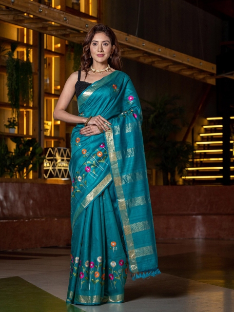 

BEATITUDE Blue & Pink Floral Zari Pure Silk Handloom Tussar Saree
