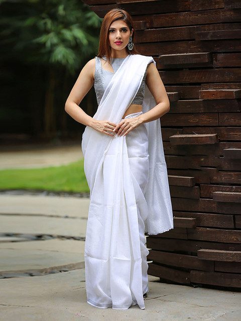 

BEATITUDE White Pure Linen Saree
