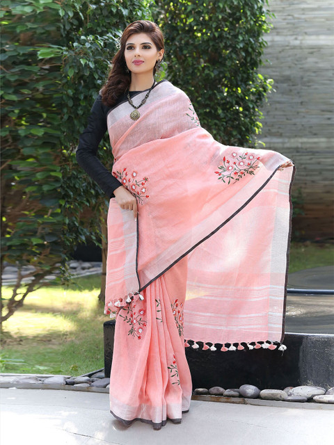 

BEATITUDE Peach-Coloured & Black Floral Embroidered Pure Linen Saree