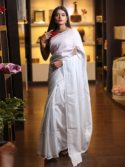 

BEATITUDE White Pure Linen Saree