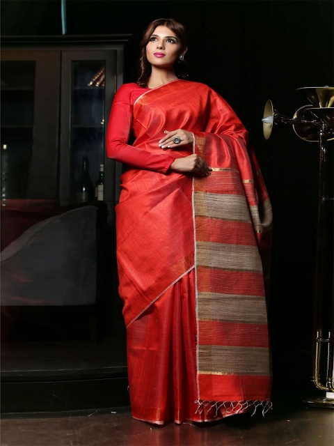 

BEATITUDE Red & Tan Pure Silk Handloom Saree
