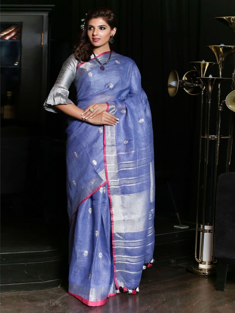 

BEATITUDE Blue & Silver-Toned Floral Embroidered Pure Linen Saree