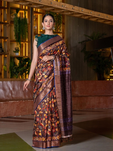 

BEATITUDE Brown & Yellow Floral Zari Pure Silk Saree