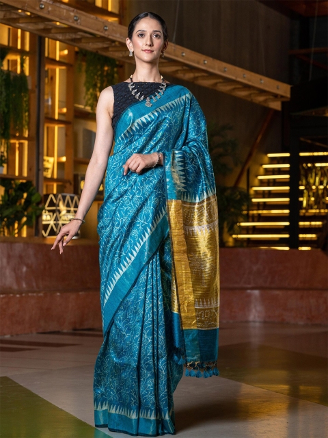 

BEATITUDE Blue & Golden Ethnic Motifs Zari Pure Silk Hand Block Print Saree