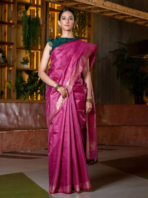 

BEATITUDE Pink & Gold-Toned Pure Silk Tussar Saree