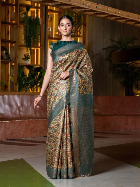 

BEATITUDE Green & Mustard Yellow Kalamkari Zari Pure Silk Tussar Saree