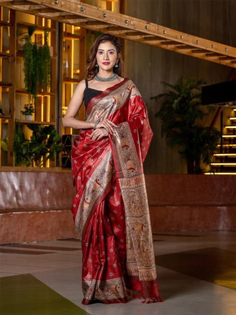 

BEATITUDE Red & Beige Floral Pure Silk Tussar Saree