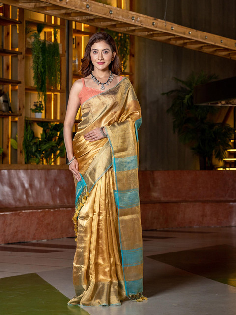 

BEATITUDE Gold-Toned & Blue Woven Design Tissue Handloom Saree