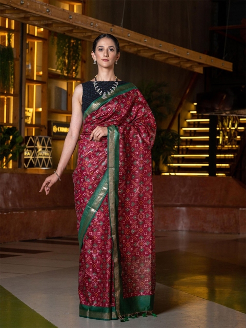 

BEATITUDE Red & Green Floral Pure Silk Muga Saree