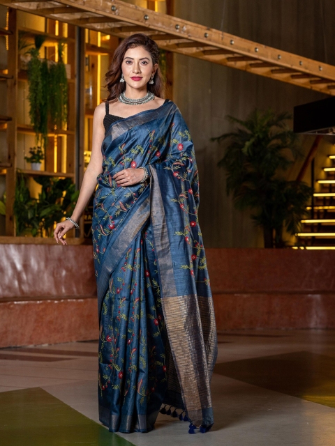 

BEATITUDE Blue & Green Floral Embroidered Zari Pure Silk Tussar Saree