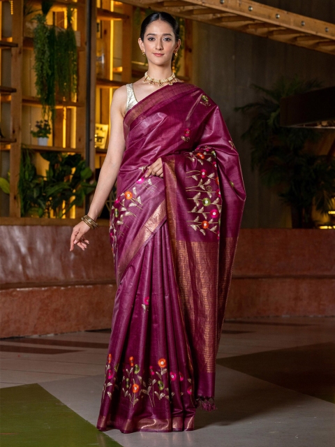 

BEATITUDE Purple & Red Floral Zari Pure Silk Tussar Saree