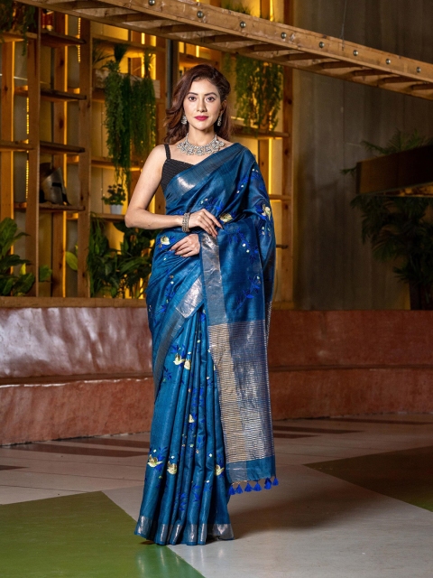 

BEATITUDE Blue & Golden Floral Embroidered Zari Pure Silk Tussar Saree