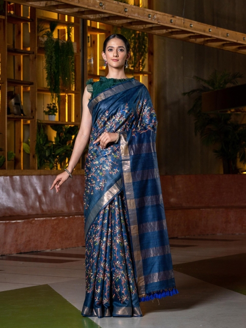 

BEATITUDE Blue & Gold-Toned Floral Embroidered Tussar Silk Saree