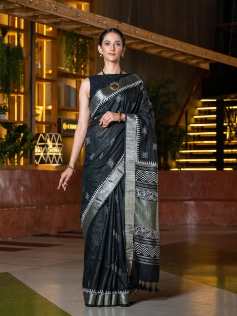 

BEATITUDE Black & Silver-Toned Hand Block Print Zari Pure Cotton Saree