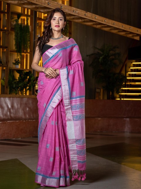 

BEATITUDE Pink & Blue Floral Hand Block Print Pure Cotton Saree