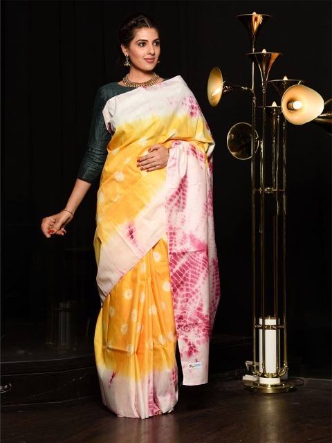 

BEATITUDE Yellow & Pink Tie and Dye Silk Blend Saree