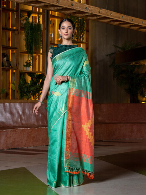 

BEATITUDE Green & Orange Dupion Silk Saree