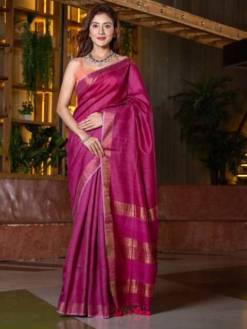 

BEATITUDE Pink & Gold-Toned Pure Silk Tussar Saree