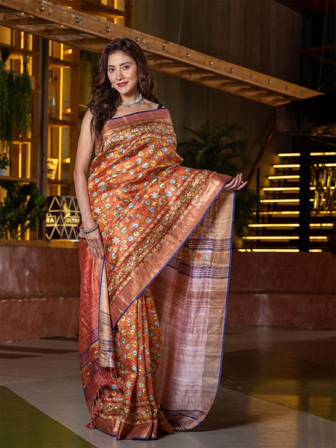 

BEATITUDE Orange & Blue Kalamkari Print Dupion Silk Saree