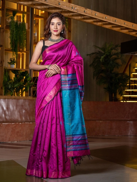 

BEATITUDE Pink & Blue Woven Design Zari Raw Dupion Silk Saree