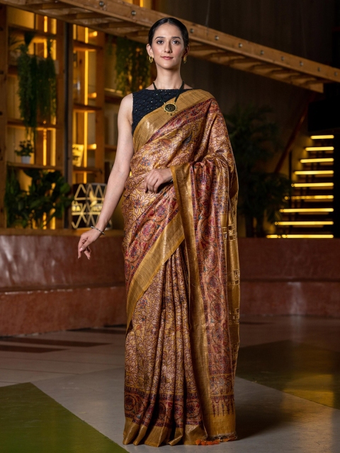 

BEATITUDE Yellow & Maroon Kalamkari Zari Pure Silk Handloom Tussar Saree