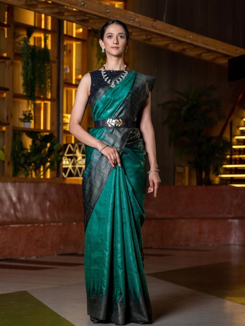 

BEATITUDE Green & Grey Ethnic Motifs Pure Silk Tussar Saree