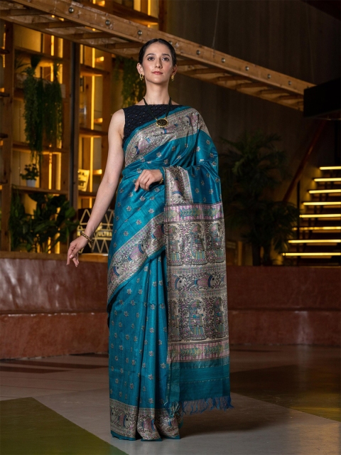 

BEATITUDE Blue & Cream-Coloured Ethnic Motifs Pure Silk Tussar Saree