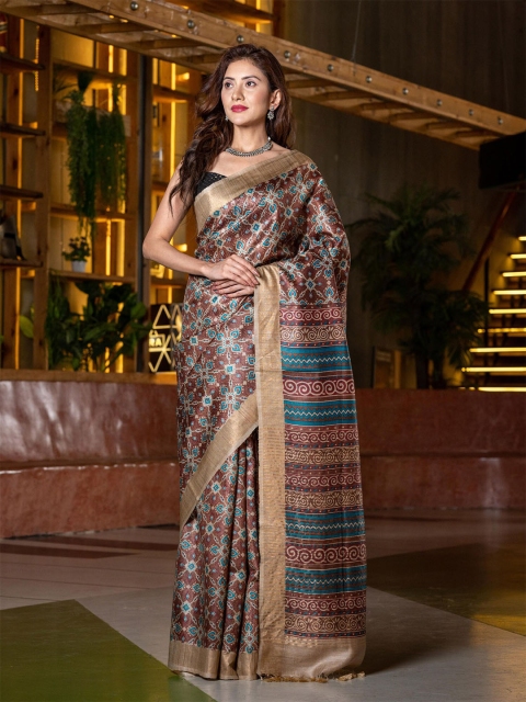 

BEATITUDE Brown & Green Floral Zari Pure Silk Handloom Tussar Saree
